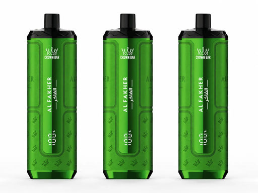 Three green Al Fakher vape devices on a white background