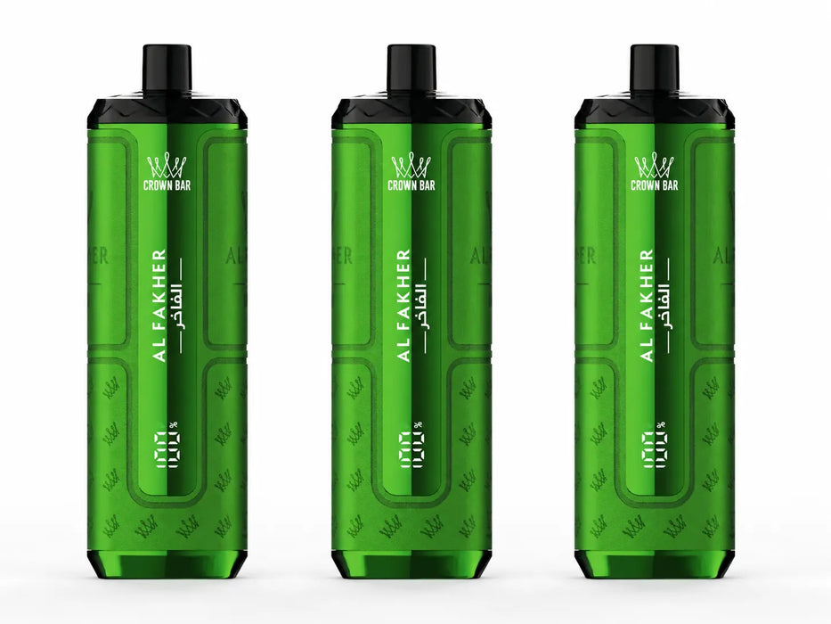 Three green Al Fakher vape devices on a white background