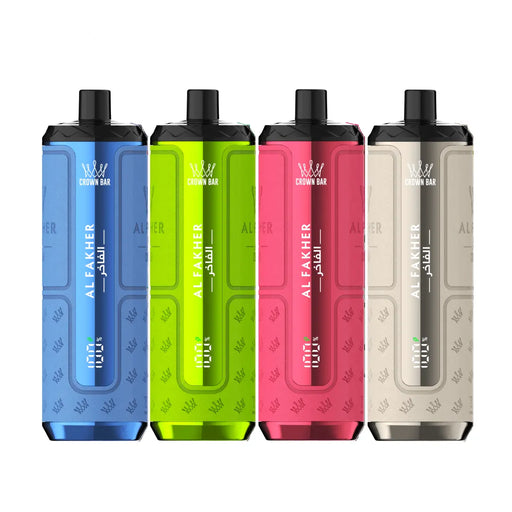 Four Al Fakher Crown Bar vape devices in blue, green, pink, and beige on a white background.