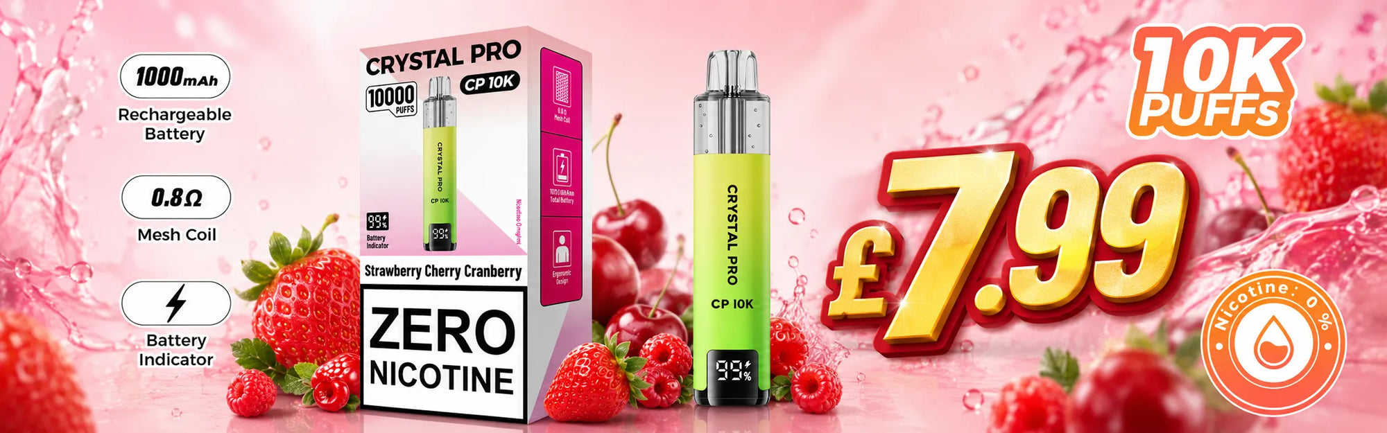Crystal Pro CP 10K zero nicotine Strawberry Cherry Cranberry vape with 10,000 puffs and £7.99 price