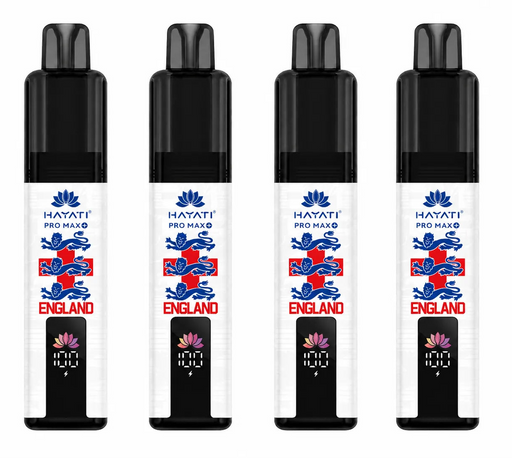 Four black and white vape devices with 'HAYATI' branding and 'England' text on a white background.