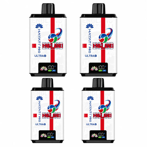 Four vape devices with England and Huawei branding on a white background