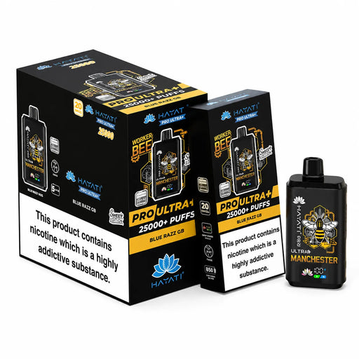 Hayati Pro Ultra Plus 25000 Manchester Bee Blue Razz GB vape kit box and device with 20mg nicotine strength